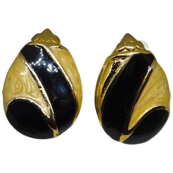 Clip-On Earrings Cream Black Enamel Teardrop Retro Gold Tone Statement Jewelry - Picture 5 of 5